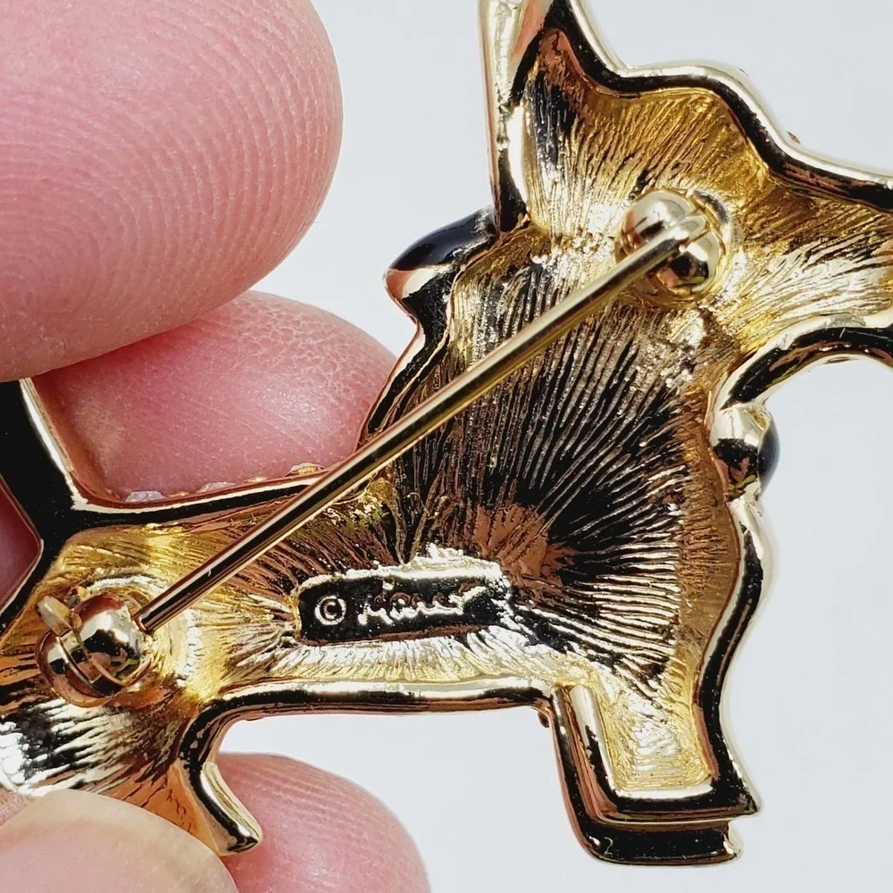 Monet Black Enamel Rhinestone Scottie Dog Terrier Figural Gold Tone Pin Brooch - Picture 5 of 7